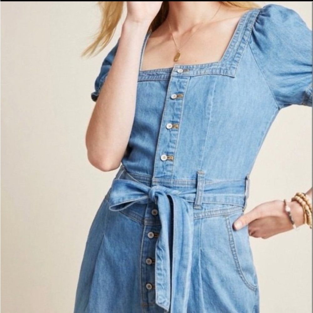 Anthropologie Pilcro Denim Puff Sleeve Square Neck Belted Aimee Jumpsuit Size 10